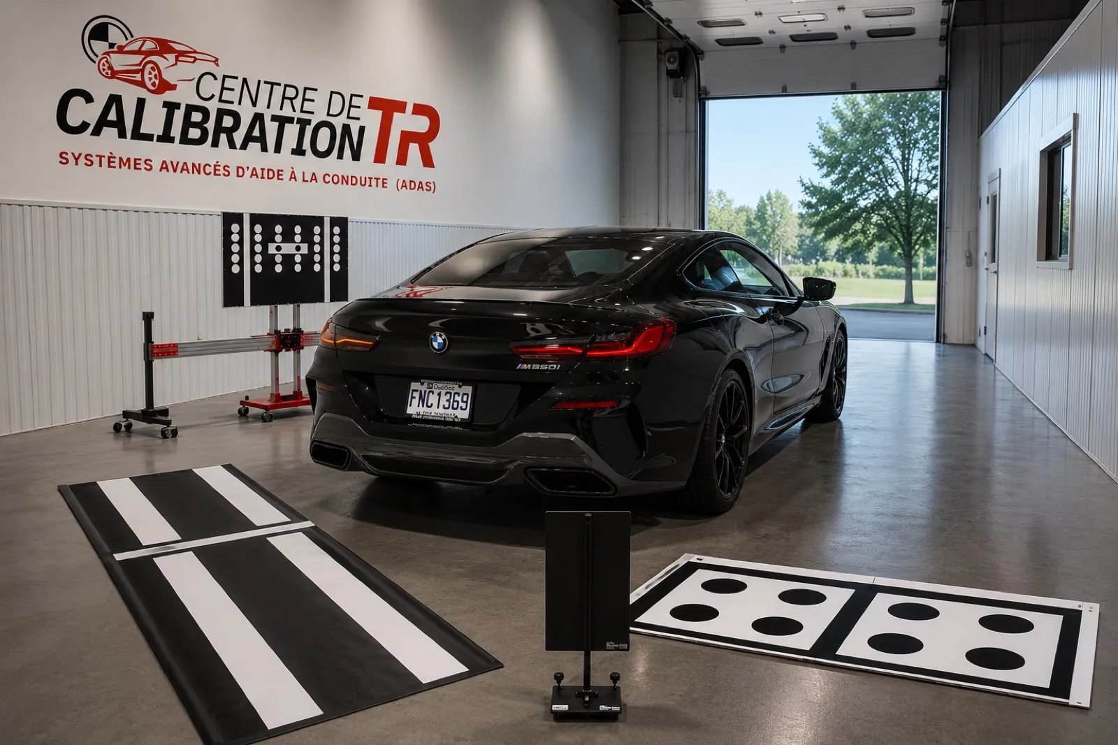 BMW en calibration ADAS avec cibles et tapis de calibration dans l’atelier